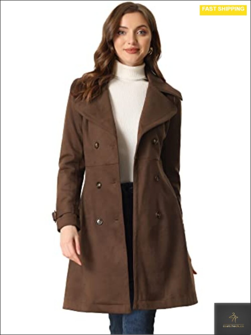 Faux Suede Trench Coat for Women, Belted Winter Overcoat, Long Sleeve